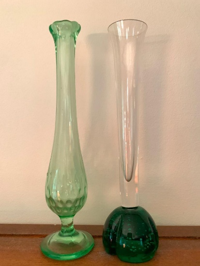 Pair of Green Glass Bud Vases. They are 9" Tall - As Pictured