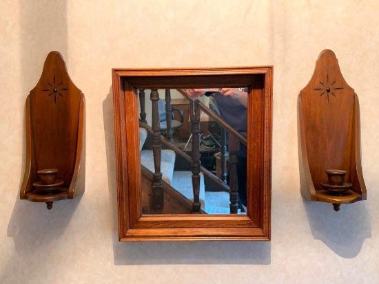 3 Piece Wood Framed Mirror & Candle Sconces. Sconces are 16" Tall. The Mirror is 14" x 16"
