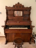 Beautiful Intricate Antique Wood Carved Pump Parlor Organ w/Bench. This is 80