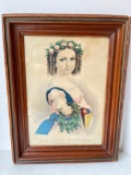 Antique Framed Print of Young Lady with Some Water Damage in Top Left Corner,