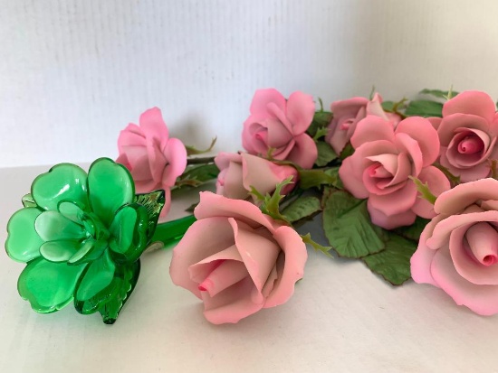 8 Porcelain Roses Made in Italy & 1 Green Crystal Flower Made in China - As Pictured