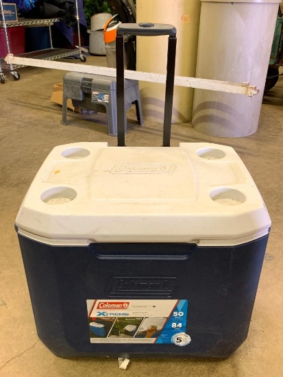 50 QT Coleman Cooler on Wheels w/Handle. Needs Cleaned from Storage