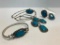 Set of Silver Tone/Turquoise Color Jewelry Set Incl. Bracelet, Necklace, Ring & Earrings