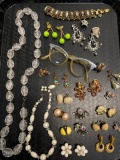 Misc Lot of Ladies Clip On Earrings, Necklaces Bracelet & Vintage Glasses (Missing Lens)