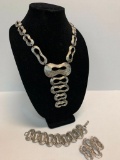 Silver Tone Costume Jewelry Set Incl. Necklace, Bracelet & Brooch - As Pictured