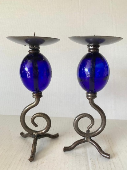Pair of Metal & Cobalt Blue Glass Candle Holders. They are 8" Tall