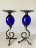 Pair of Metal & Cobalt Blue Glass Candle Holders. They are 8