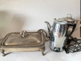 Three Piece Silverplate Lot Incl Covered Dish & 2 Electric Percolators - As Pictured