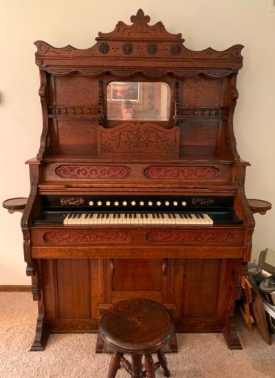 Beautiful Inticate Antique Wood Carved Pump Parlor Organ w/Bench. This is 80" T x 61" W x 24" D