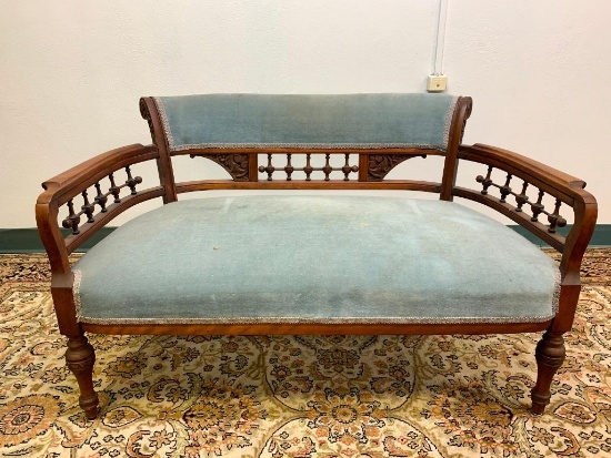 Antique Upholstered Bench. This is 25" T x 42" W x 21" D. Has Stains on the Material - As Pictured