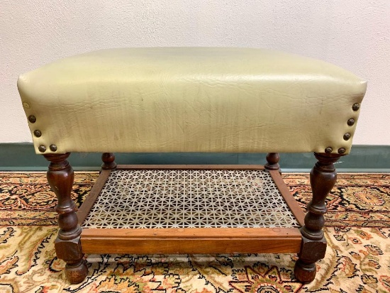 Faux Leather Studded Footstool w/Tin Bottom Shelf. This is 16" T x 21" W x 14" D