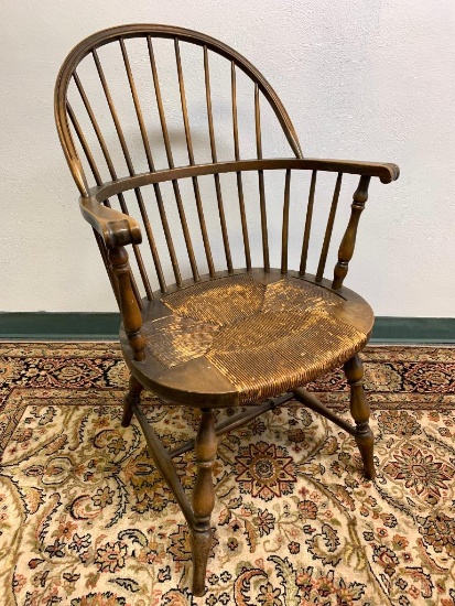 Vintage Windsor Sac Back Armchair w/Rush Seat. The Seat is Discolored. It is 37" Tall