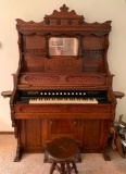 Beautiful Inticate Antique Wood Carved Pump Parlor Organ w/Bench. This is 80