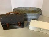 Galvanized Wash Tub, Metal Lunch Box & Metal Storage Box. The Tub is 7