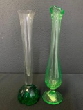 Pair of Green Glass Rose Bud Vases. They are 9