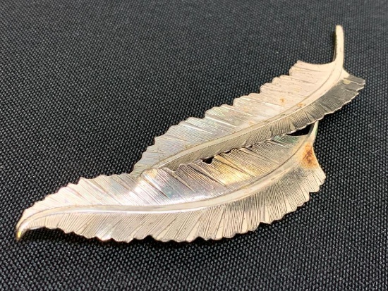 4" Sterling Silver Double Leaf Brooch Weight 9.5g