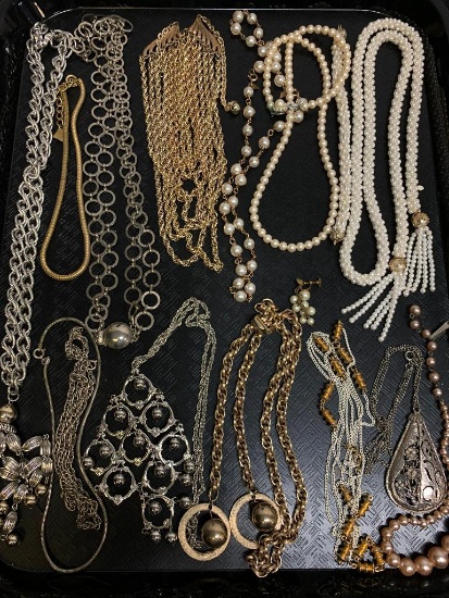 Large Lot of Pearl, Silver & Gold Tone Necklaces