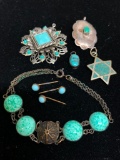 Group of Turquoise & Silver Toned Pendants, Bracelet, Brooch