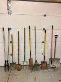 Group of Gardening Tools Incl Post Hole Digger, Shovels, Rake, Snow Shovel & More