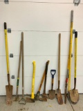 Group of Gardening Tools Incl Pick Axe, Shovels, Hoe & More