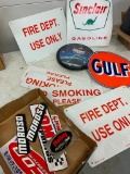 Lot of Misc Metal Signs, Clock & Stickers - As Pictured