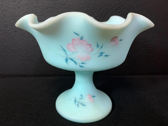 6" Tall Hand Painted Blue Fenton Ruffled Top Raised Candy Dish. Signed by Artist C. Smith