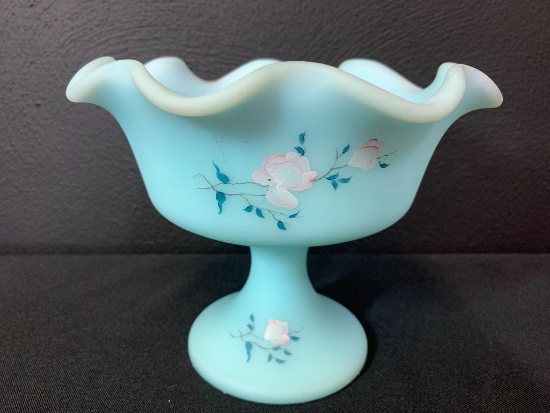 6" Tall Hand Painted Blue Fenton Ruffled Top Raised Candy Dish. Signed by Artist S. Kirby