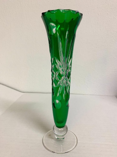 7.5" Clear/Green Colored Pressed Glass Vase