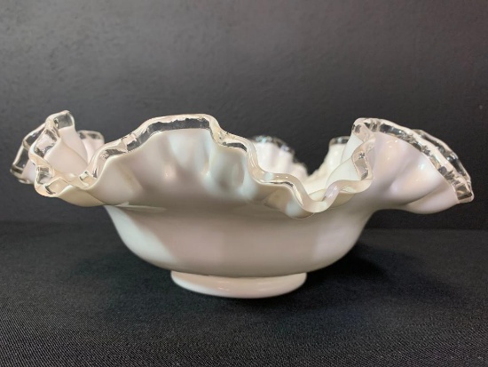 4" T x 11" in Diameter Silver Crest Ruffled Top Milk Glass Dish. Believed to be Fenton