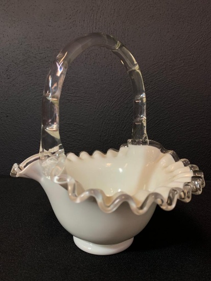8" Fenton Silver Crest Ruffled Top Milk Glass Basket w/Applied Handle.