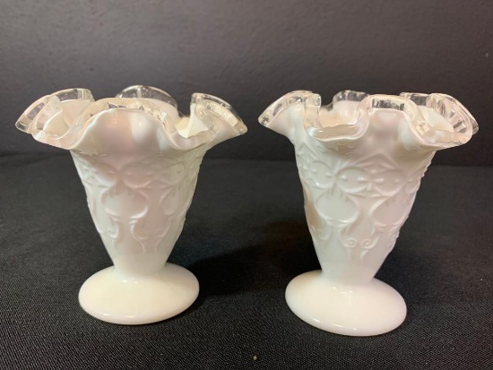 Pair of 4" Tall Fenton Silver Crest Ruffled Top Milk Glass Bud Vases.