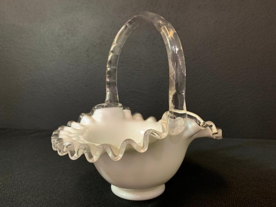 8" Fenton Silver Crest Ruffled Top Milk Glass Basket w/Applied Handle.