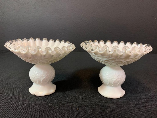 3.5" x 4.5" Fenton Silver Crest Ruffled Top Milk Glass Raised Candy Dishes
