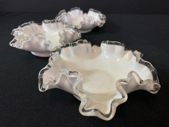 Set of 3 2" x 5" in Diameter Silver Crest Ruffled Top Milk Glass Dishes. Believed to be Fenton