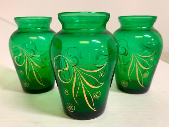 Set of 3 Hand Painted Green Glass Vases. They are 4" Tall