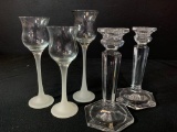 Two Sets of Crystal & Iced Crystal Candle Holders. Tallest is 7