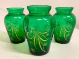 Set of 3 Hand Painted Green Glass Vases. They are 4