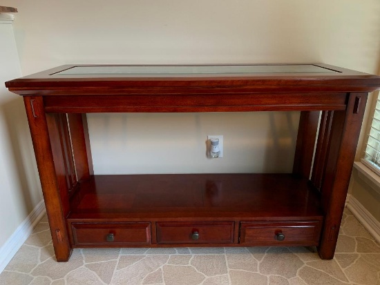 Three Drawer Sofa Table w/Glass Top by Broyhill. This is 31" T x 48" W x 18" D. Nice Piece!