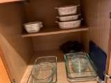 Bottom Kitchen Shelf Lot Incl Corning Ware Baking Dishes, Glass Pyrex Bowls & Baking Dishes