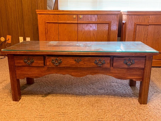 20" T x 52" W x 20" D Wood w/Glass Top Coffee Table. This has Scratches & Scuffs from Use