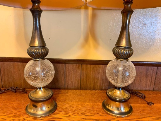 Pair of Vintage Lamps w/Crackled Glass Accent w/Shades