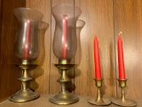 Set of 4 Candlestick Holders. Two w/Glass Hurricane Shades