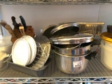Shelf Lot of Kitchen Items Incl Glass Mixing Bowls, Wood Knife Block w/Knives, Pans & More