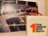 Vintage First National Bank of Dayton Cooler and Poster on Stand