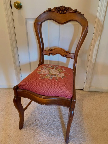 35" Antique Balloon Back Needlepoint Parlor Chair