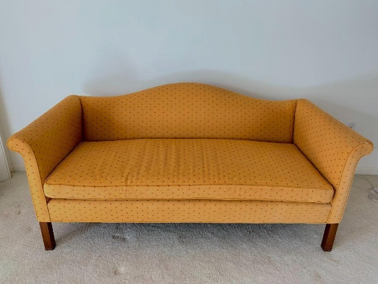 37" x 66" Ochre Colored Sofa. This has Stains and a Few Tears in the Fabric