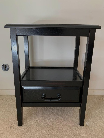 Black Side Table w/Single Drawer. This is 27" T x 20" W x 15" D. Has Scratches & Scuffs from Use