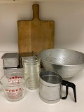 Kithen Lot Incl Cutting Board, Strainer, Sifter & More - As Pictured