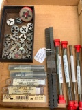Box Lot of Pulley Taps, Metric Taps, STD Die Buttons & Two Thread Files