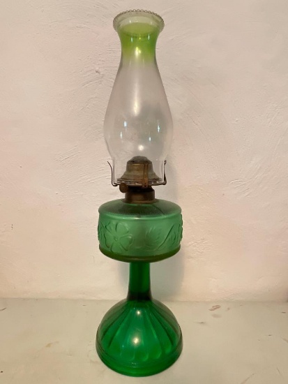 Vintage Green Glass Oil Lamp. This is 12" w/Out Shade. Can NOT Ship. Has Oil in it!